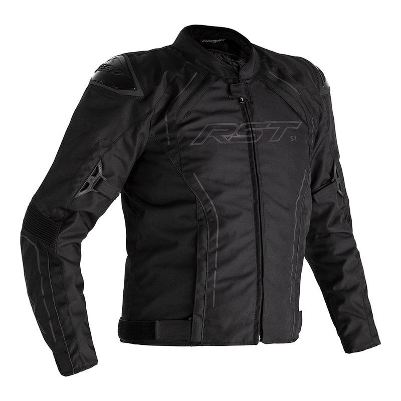 Schwarze RST S-1 Motorradjacket aus Textil, touring-fähig, mit Schutzvorrichtungen, für Motorradfahrer.