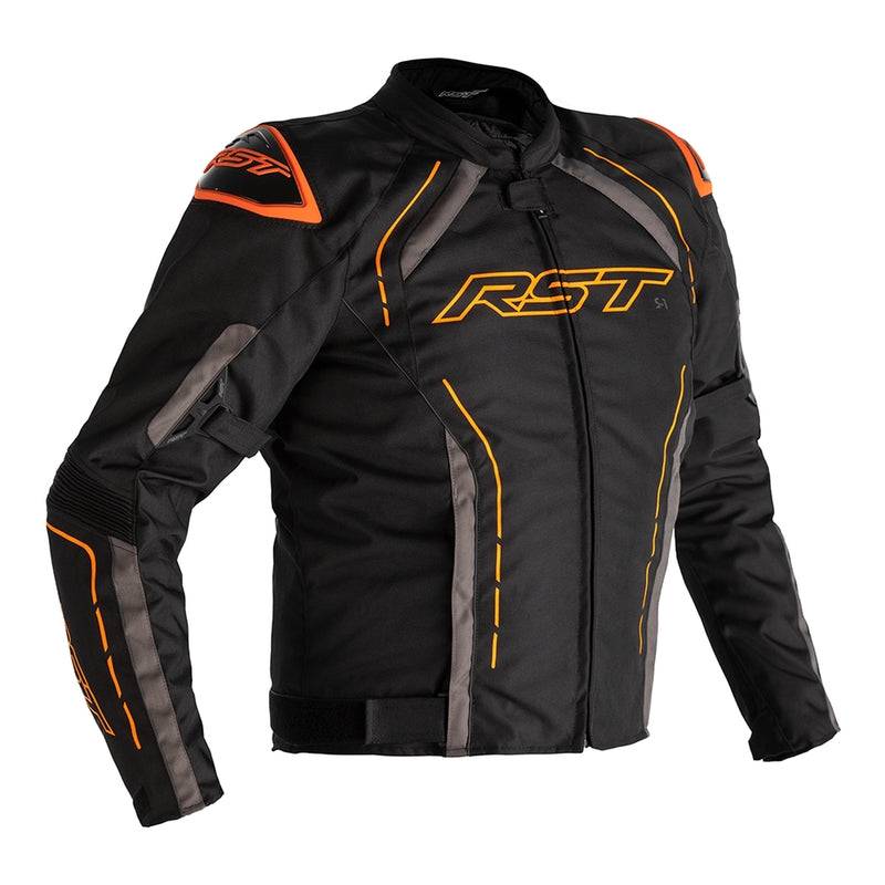 Schwarze, graue und orange RST S-1 Touren-Motorradjacke aus robustem Textil mit Protektoren, seitlichen Reißverschlüssen.