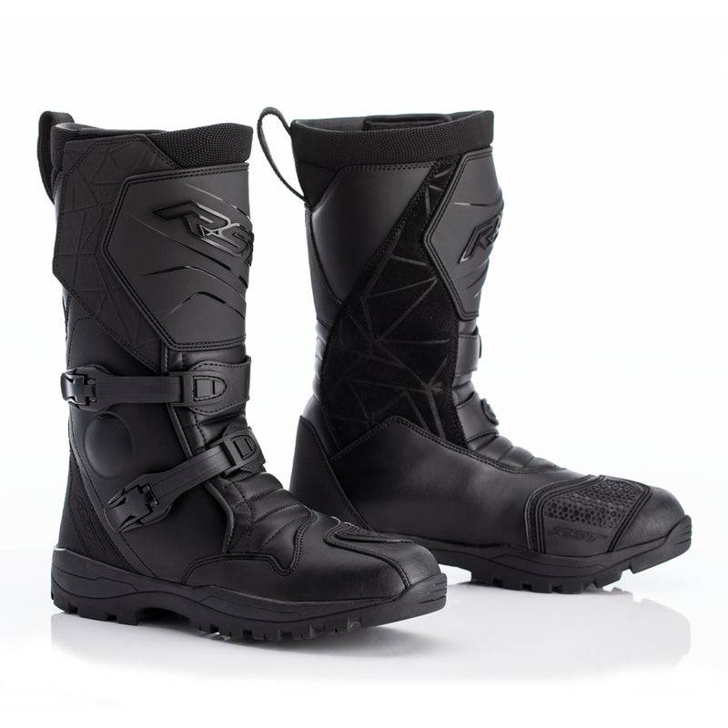 Schwarze RST Adventure-X wasserdichte Motorradstiefel mit robustem Design und rutschfester Sohle, ideal für Offroad-Abenteuer.