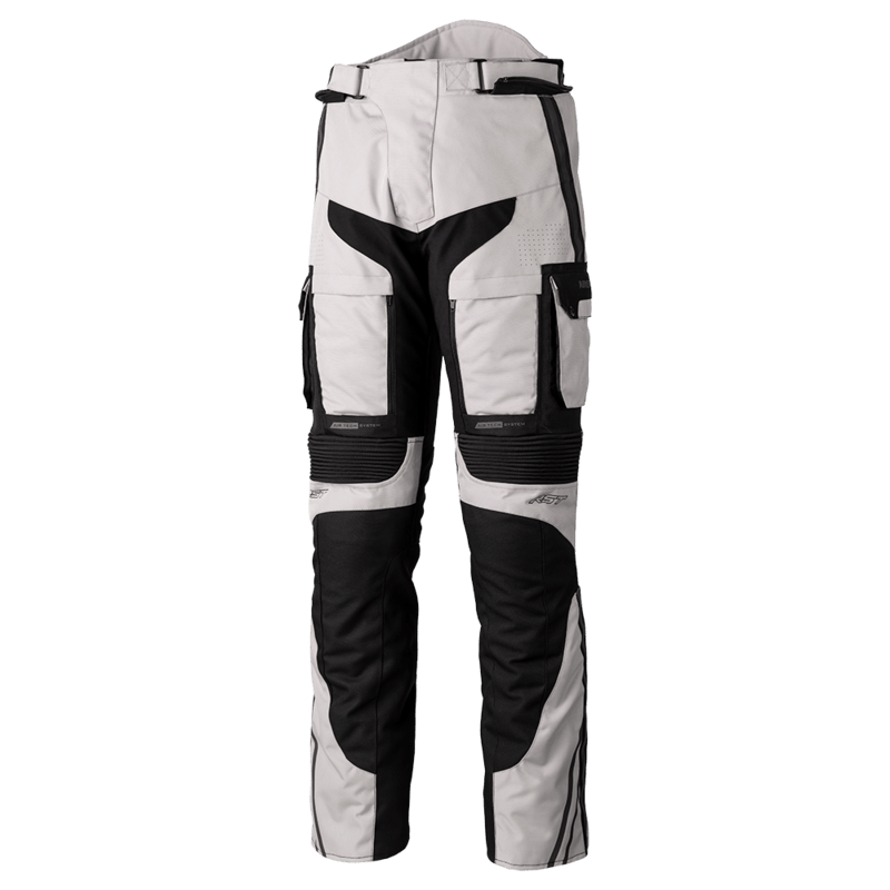RST Adventure-X CE Textil-Motorradhose in Silber und Schwarz, strapazierfähige Hosen für Abenteuerfahrten, mit Protektoren.