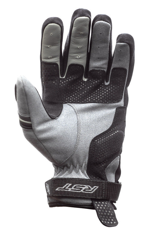 Graue RST Adventure-X CE Leder Motorradhandschuhe mit Protektoren, ergonomisches Design und strapazierfähiges Material.