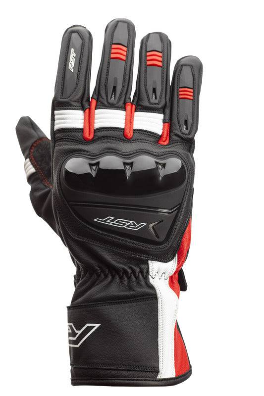 Schwarze, rote und weiße RST Pilot CE Leder Motorradhandschuhe mit knöchelprotektoren, bequem und strapazierfähig.
