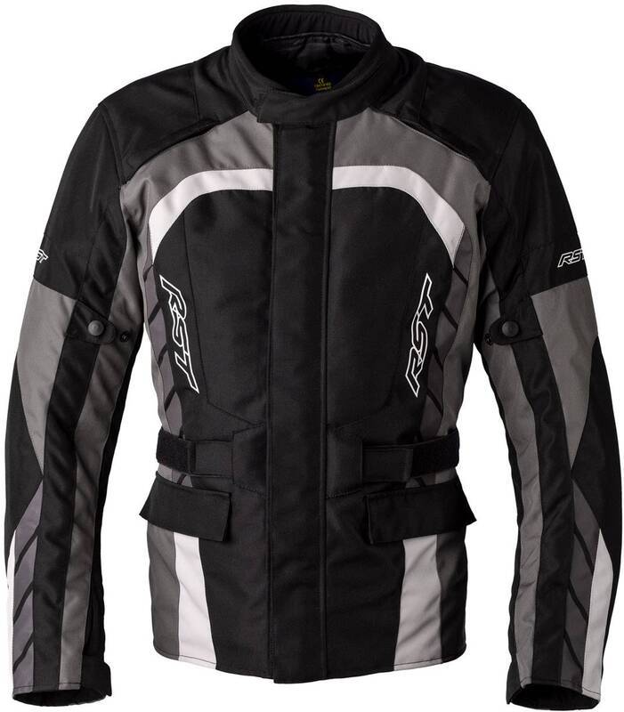 Schwarze und graue RST Alpha 5 CE Textil-Motorradjacke für Touren, aus strapazierfähigem Textilmaterial, mit Schutz.