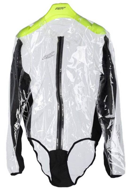 RST Race Dept Wet CE Textile Regenbekleidung, transparenter Regenanzug mit Kapuze und reflektierenden Details für Motorsport.