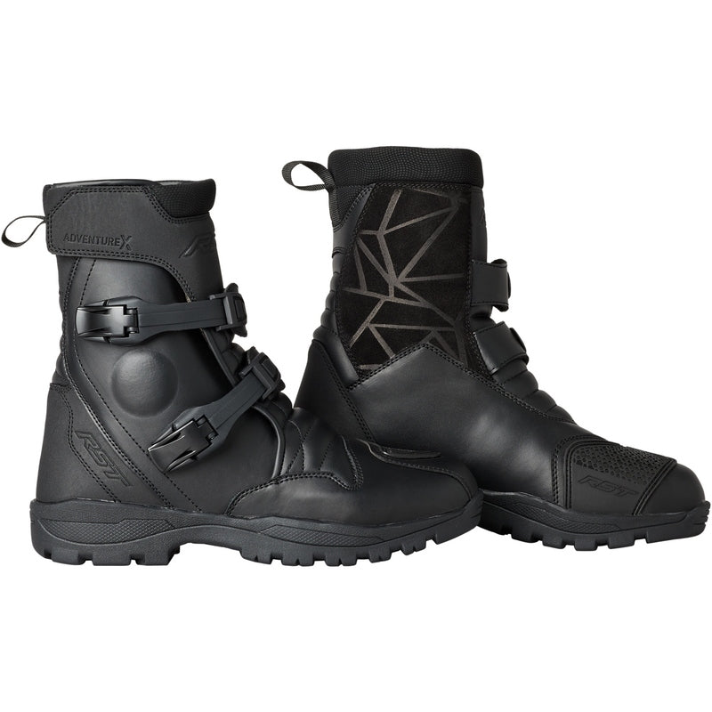 Schwarze RST ADV-X Mid wasserdichte Adventure-Motorradstiefel mit CE-Schutz, stabiler Sohlengestaltung und sicherem Halt.