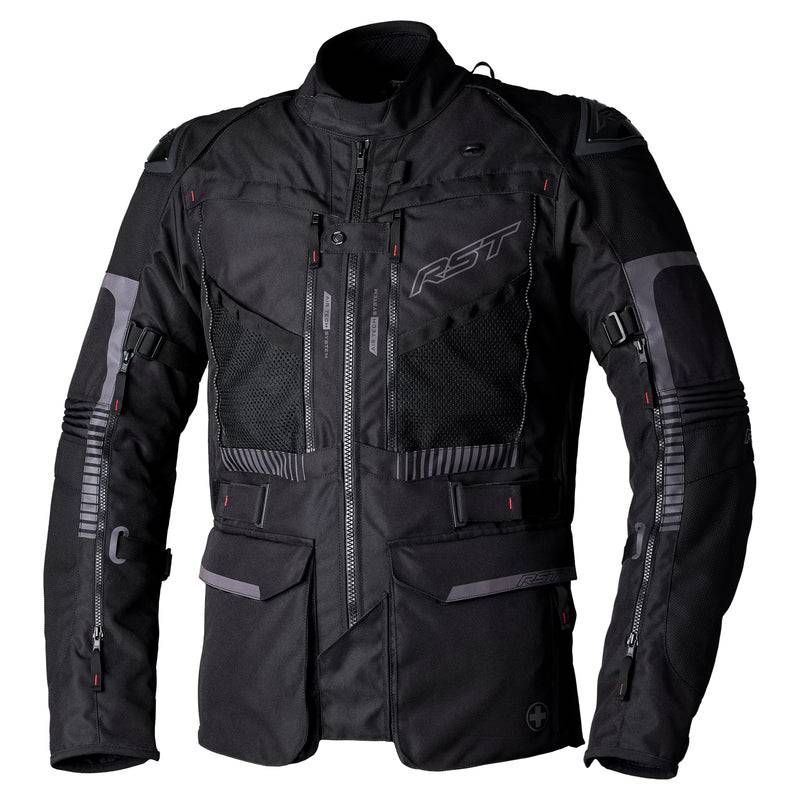 Schwarze RST Pro Series Ranger CE Textil-Motorradjacke für Herren, Adventure-Jacke mit Schutzprotektoren, sichtbarer Reißverschluss.
