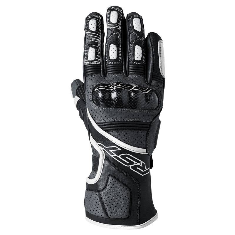Weißer RST Fulcrum Motorradhandschuh für Herren, CE-zertifiziert, mit Schutzpolsterung und strapazierfähigem Material.