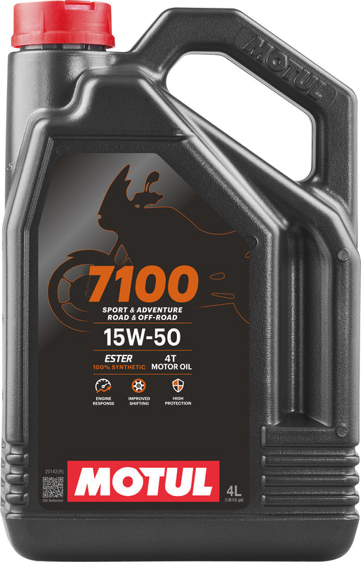 MOTUL 7100 4T Motorenöl 15W50, 4 Liter Flasche für Motorräder, gelbe Ölflasche mit MOTUL Logo und Produktbeschriftung