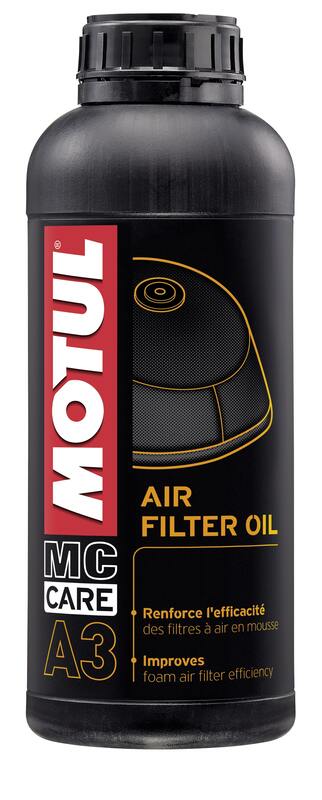 Motul A3 Luftfilteröl in 1-Liter-Flasche, spezielles Öl für Luftfilter, klare Flasche mit rotem Öl, Markenlogo sichtbar