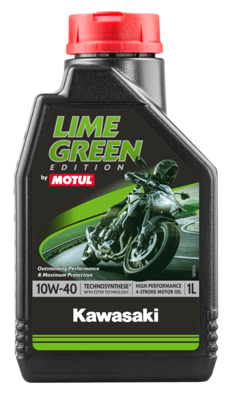 MOTUL Kawasaki Lime Green 4T Motoröl 10W40, 4L Flasche, geeignet für 4-Takt Motorräder, grünliches Design, klare Flasche