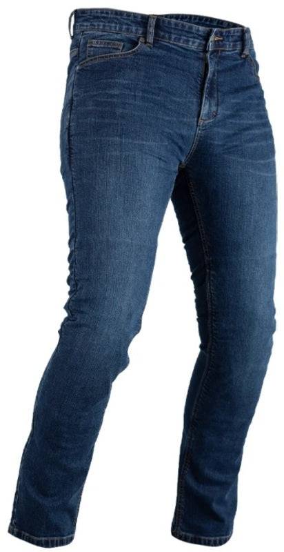 Blaue, langärmlige RST Tapered-Fit verstärkte Motorradjeans mit verstärktem Material und modernen Schnitt, sichtbar auf dem Bild