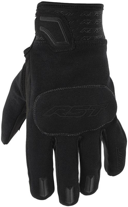 Schwarze RST Rider Motorradhandschuhe aus mattem Material mit Schutzpolster für sicheren Fahrkomfort.