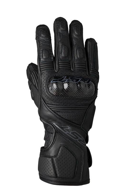 Schwarze RST Fulcrum Motorradhandschuhe für Herren, CE-zertifiziert, mit Schutz und bequemem Sitz, auf einem Motorrad-Handschuhbild.