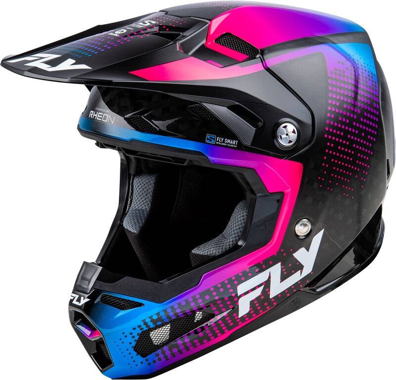 Motocrosshelm von FLY RACING, Formula S Carbon Protocol, schwarz mit blauen und pinken Akzenten, leichter Carbon-Helm.