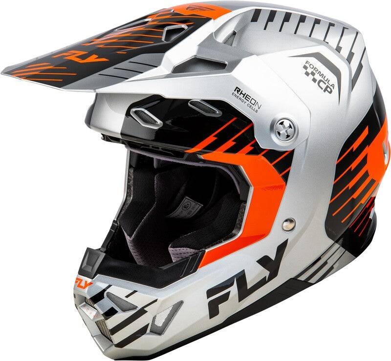 Motocrosshelm FLY RACING Formula Cp Slice in Grau, Orange und Schwarz mit Visier und Belüftungsöffnungen auf hellem Hintergrund.