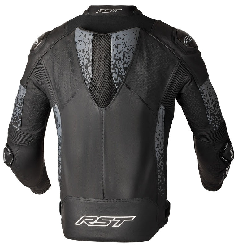 Schwarze und graue RST Pro Series Supersport-K Lederjacke für Adventure, mit robustem Design und sportlichem Stil.