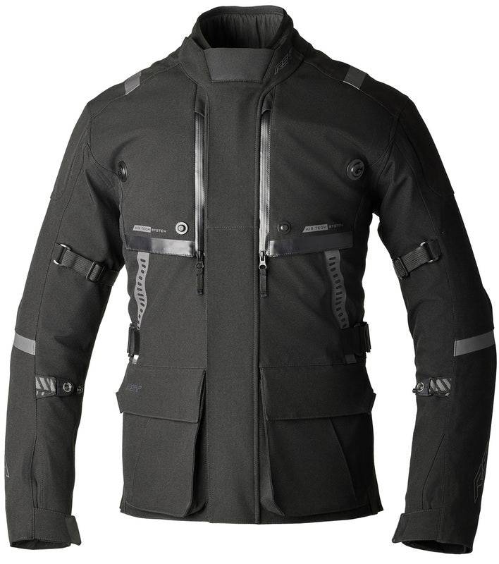 Schwarze RST Pro Series Vulcan CE Textil-Motorradjacke für Adventure, wetterfest und langlebig, mit robusten Protektoren.