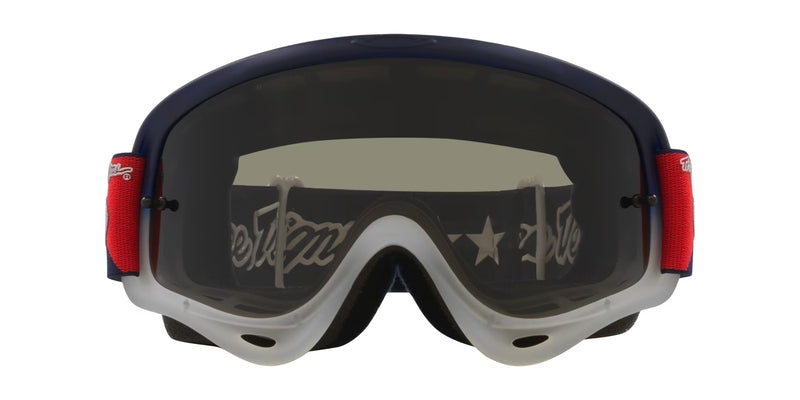 OAKLEY O-Frame MX Brille mit dunkem Rauchglas und rotem, weißen und blauen Stars-Design für Motocross.
