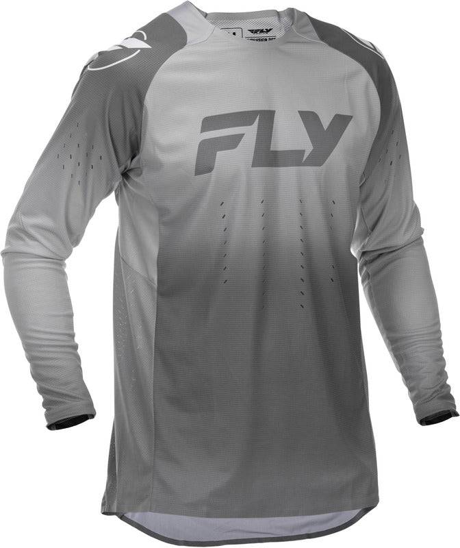 Fly Racing Evolution Dst MX-Jersey in Weiß und Grau, atmungsaktives Motocross-Trikot mit langlebigem Material.