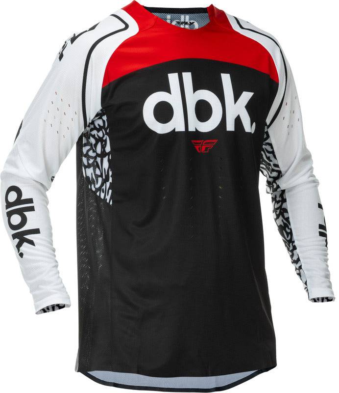 Fly Racing Evolution Dst Dbk Sonderedition MX-Jersey in Schwarz, Weiß und Rot, mit sportlichem Design und atmungsaktivem Material.