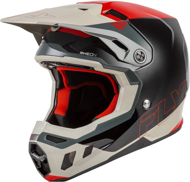 Motocrosshelm Fly Racing Formula CC Glide in Schwarzrotgrau mit visier und Belüftungsöffnungen, sicher und leicht.