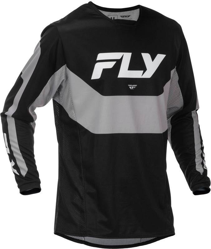 Fly Racing Kinetic MX-Jersey in Schwarz und Grau, bequemes Motocross-Trikot mit atmungsaktivem Material, detaillierte Stoffstruktur sichtbar