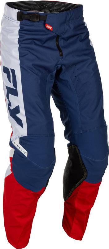 Fly Racing Kinetic MX-Hose in Rot, Weiß und Blau, strapazierfähige Motorradhose mit flexiblem Design für Motocross.
