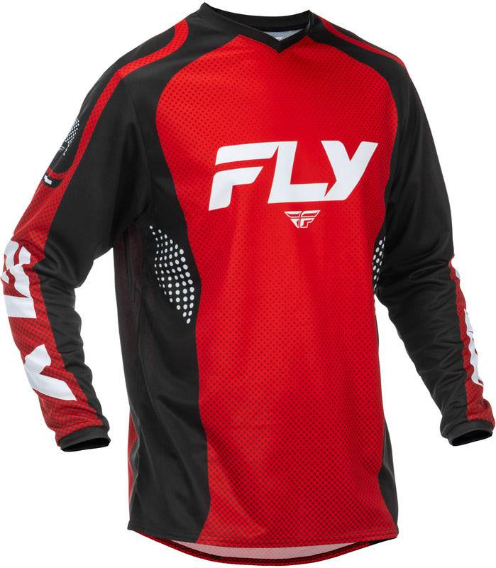 Fly Racing F 16 MX-Jersey in Rot, Schwarz und Weiß, mit atmungsaktivem Stoff und sportlichem Design.