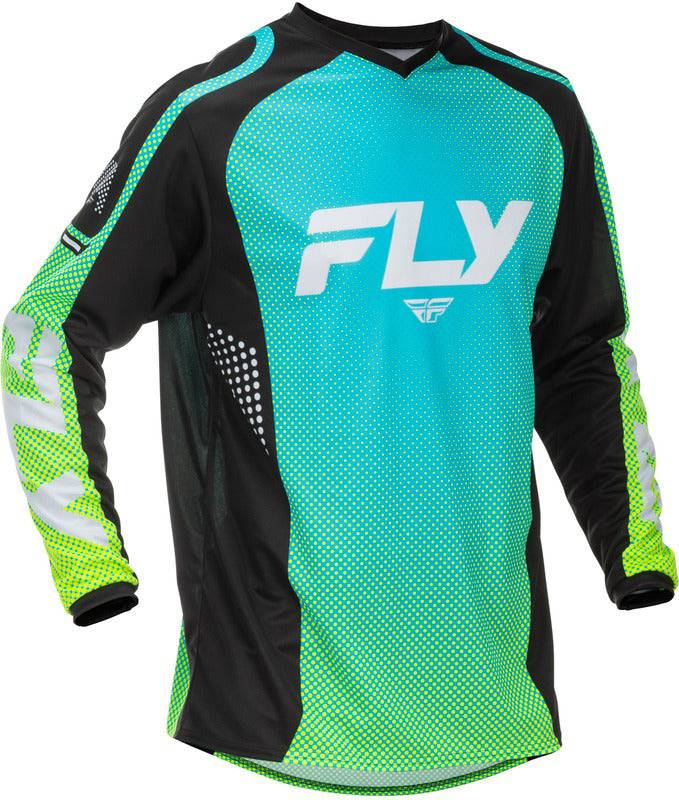 Fly Racing F 16 MX-Jersey in Aqua, Schwarz und Weiss, bequem und atmungsaktiv für Motocross-Fahrer, auf dem Bild sichtbar.