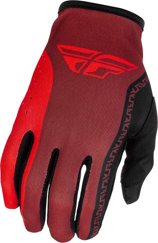 Schwarze und rote Fly Racing Lite MX-Handschuhe mit atmungsaktivem Material und gepolsterten Handflächen.