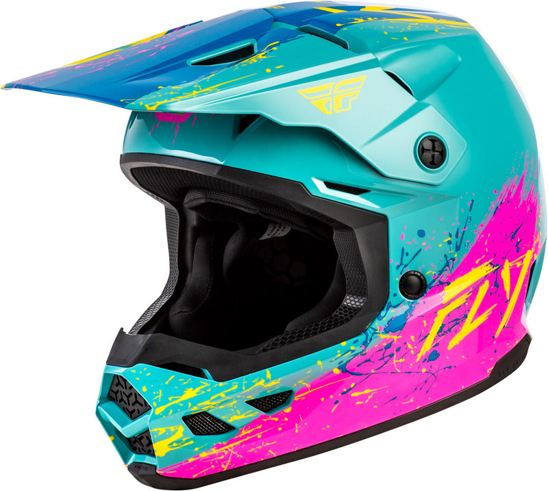 Fly Racing Kinetic Drip Jugend Helm Turquoiserosagelb
