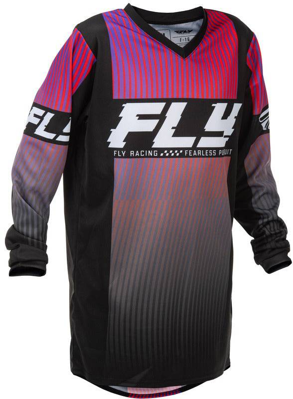 Fly Racing F 16 Jugend MX-Jersey in Schwarz, Rot und Lila, atmungsaktiv mit racing-typischem Design für Jugendliche.