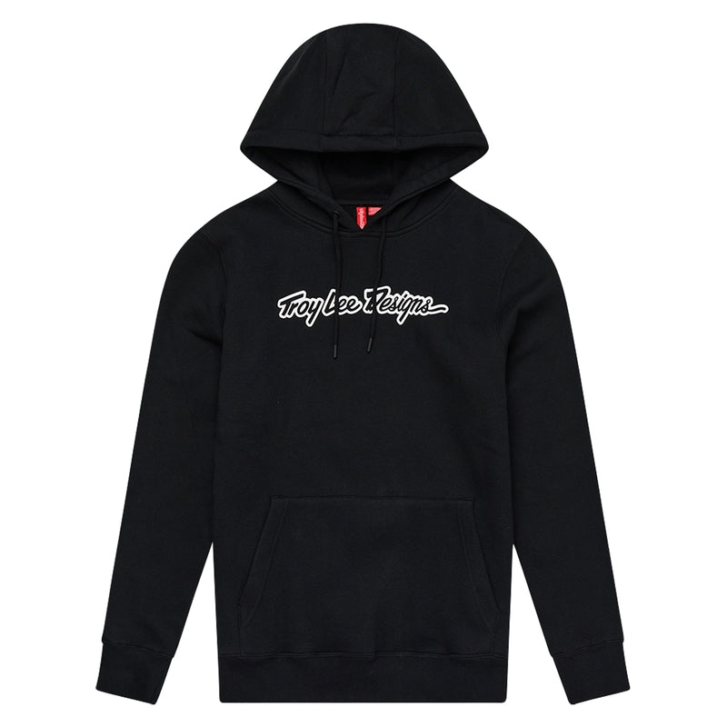 Schwarzer Troy Lee Designs Signature Hoodie, bequeme Freizeitbekleidung mit stylischem Design, auf einem weißen Hintergrund.