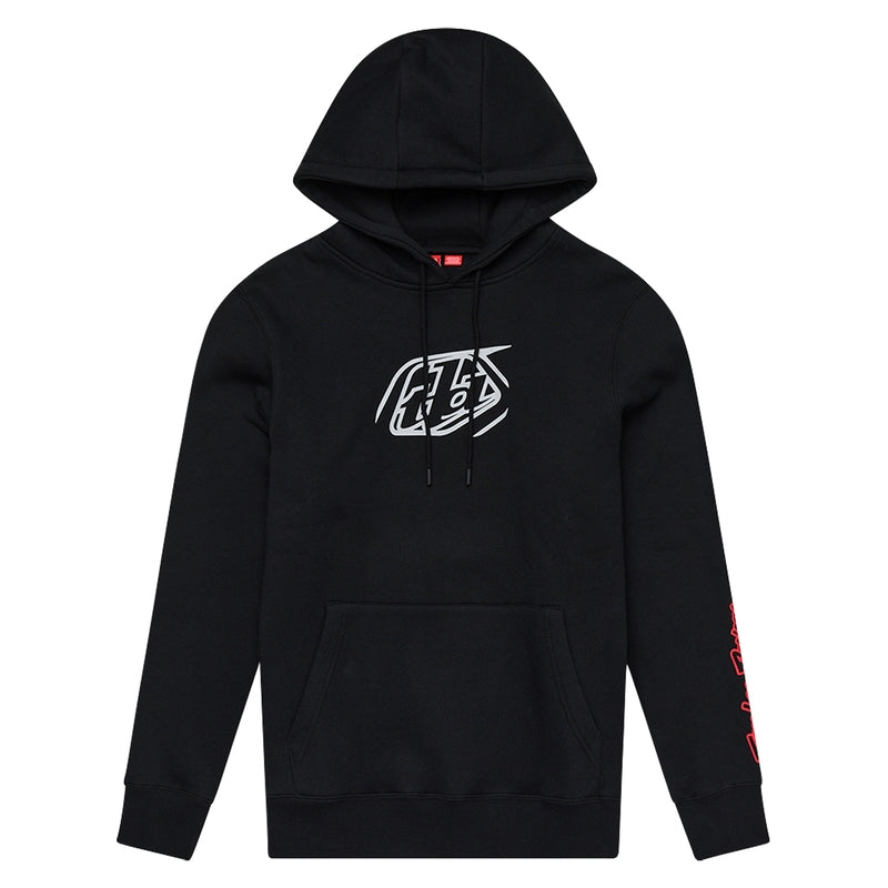 Schwarze Jugend-Hoodie von TROY LEE DESIGNS mit Badge-Design, bequeme Freizeitbekleidung für junge Fahrer.