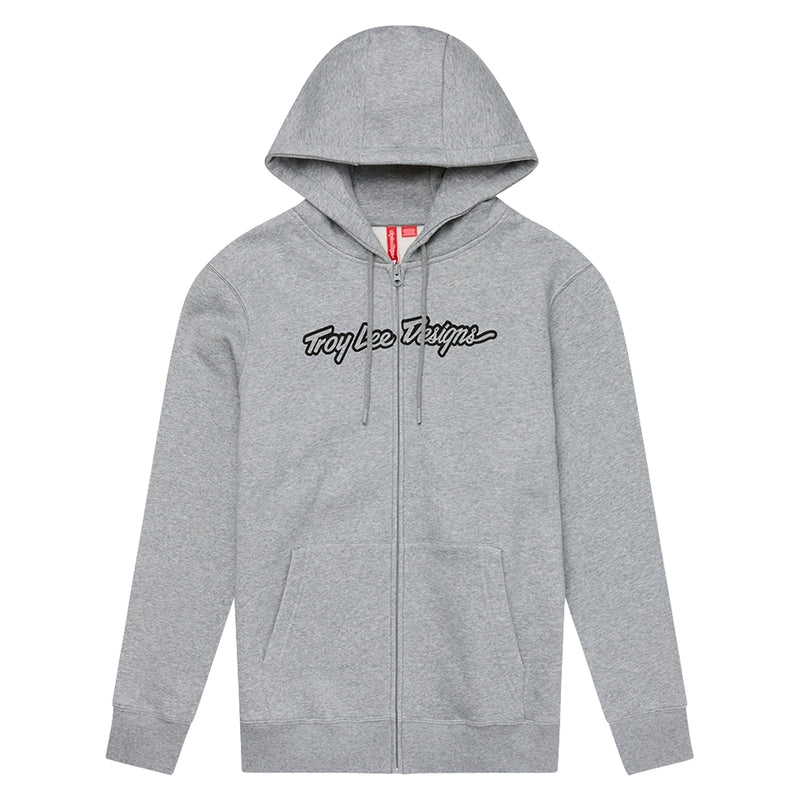 Grauer Troy Lee Designs Zip-up Signature Hoodie aus meliertem Freizeitstoff, bequemes Design, frontal mit Reißverschluss.