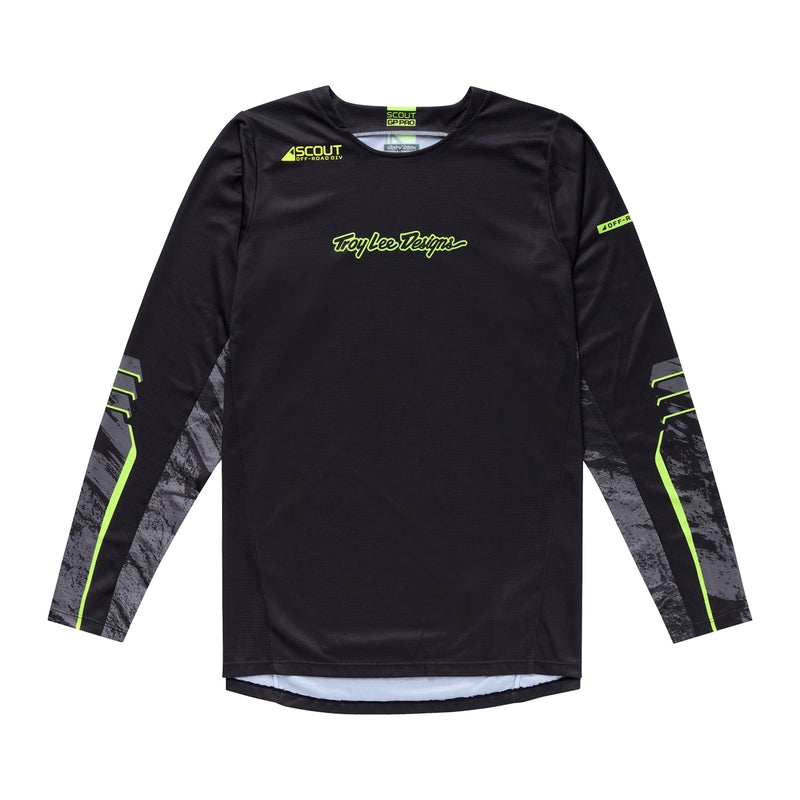 Schwarze Troy Lee Designs Scout GP Pro MX-Jersey mit langen Ärmeln und sportlichem Design, für Motocross-Fahrer.