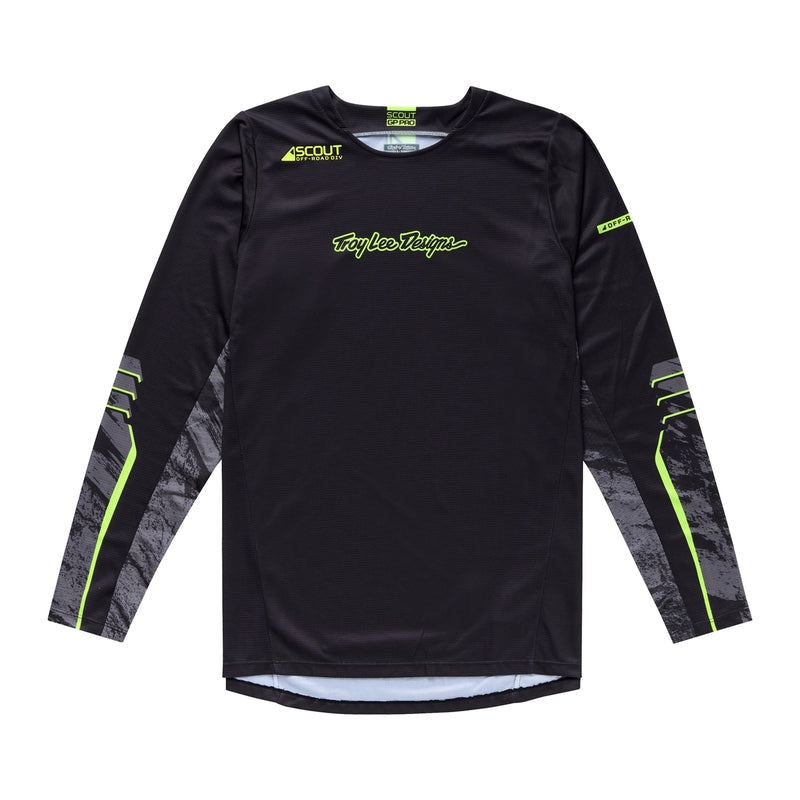 Schwarze Troy Lee Designs Scout GP Pro MX-Jersey mit langen Ärmeln und sportlichem Design, für Motocross-Fahrer.