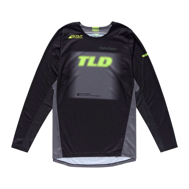 Troy Lee Designs Scout GP Pro Fade Out MX-Jersey in Schwarz mit auffälligem Farbverlauf und sportlichem Design.