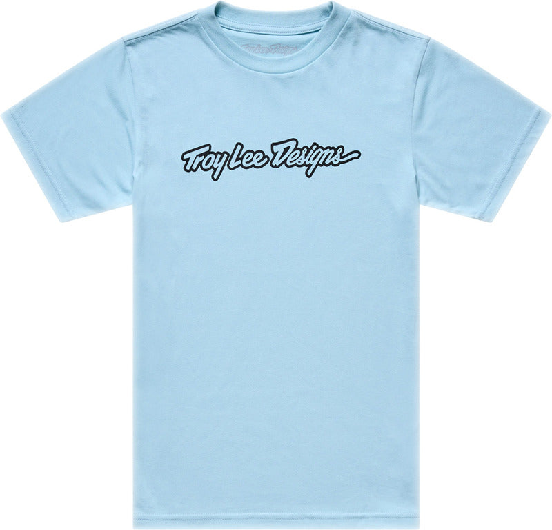 Troy Lee Designs Signature Jugend T-Shirt Dawn Blau, bequeme Freizeitbekleidung mit stylischem Design, auf einem weißen Hintergrund.