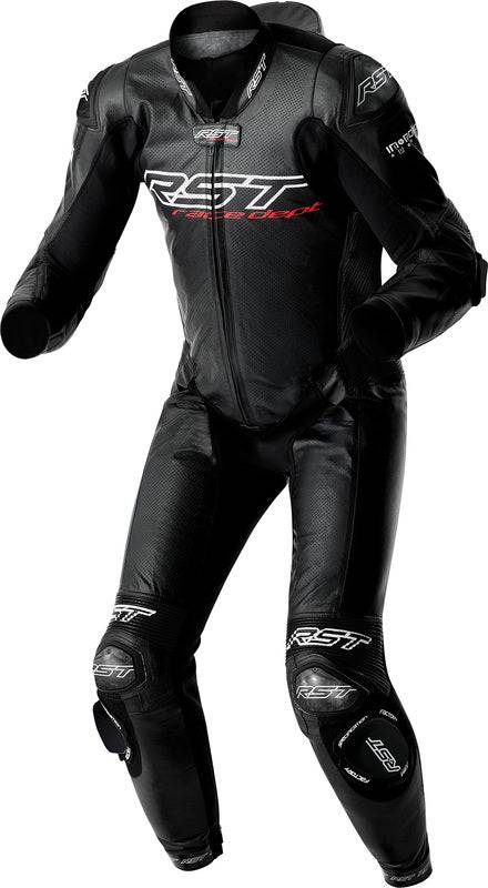 Schwarze RST Race Dept V4.2 D3O Airbag Lederkombi für Motorrad, 1-teilig, detailreiche Nahaufnahme