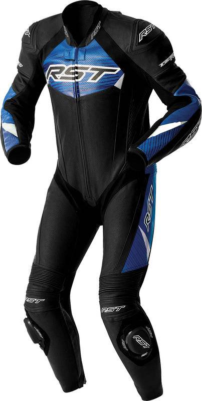 Schwarze und blaue RST Tractech Evo D3O Motorrad-Lederkombi, 1-teilig, mit Schutzprotektoren und sportlichem Design