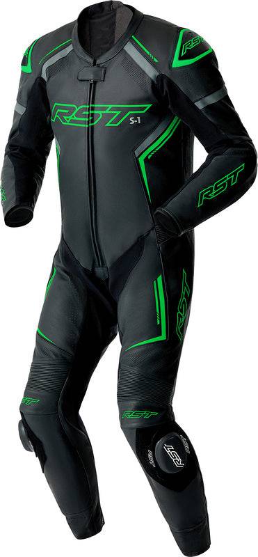 Schwarze RST S1 D3O Motorrad Lederkombi mit grünen Akzenten, 1-teilig, für Schutz und Komfort beim Motorradfahren.