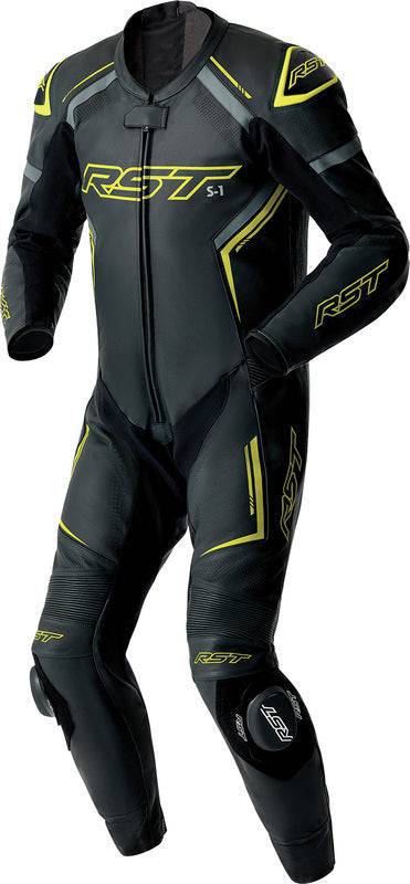 Schwarz-Gelbe RST S1 D3O Lederkombi für Motorrad, 1-teilig, Leder, Schutz und Komfort, detaillierte Naht- und Materialansicht