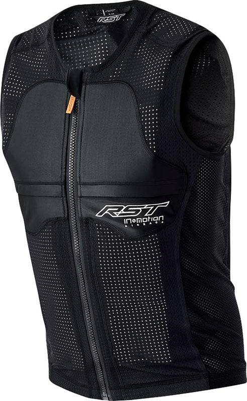 Rost D3O Essential Airbag Weste in Schwarz mit reflektierenden Streifen und Schulterpolstern, für Motorradfahrer geschützt.
