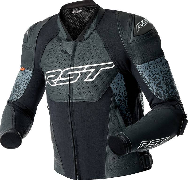 Schwarze und graue RST Pro Series Supersport-K Motorradjacke aus Leder mit D3O-Schutzausstattung, Adventure-Design, frontal sichtbar
