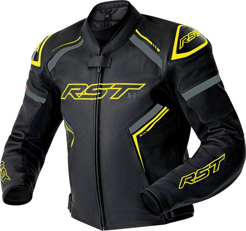 RST S1 D3O Leder Motorradjacke für Touren, schwarz mit Neon Gelb, robuste Lederjacke mit D3O Protektion sichtbar.