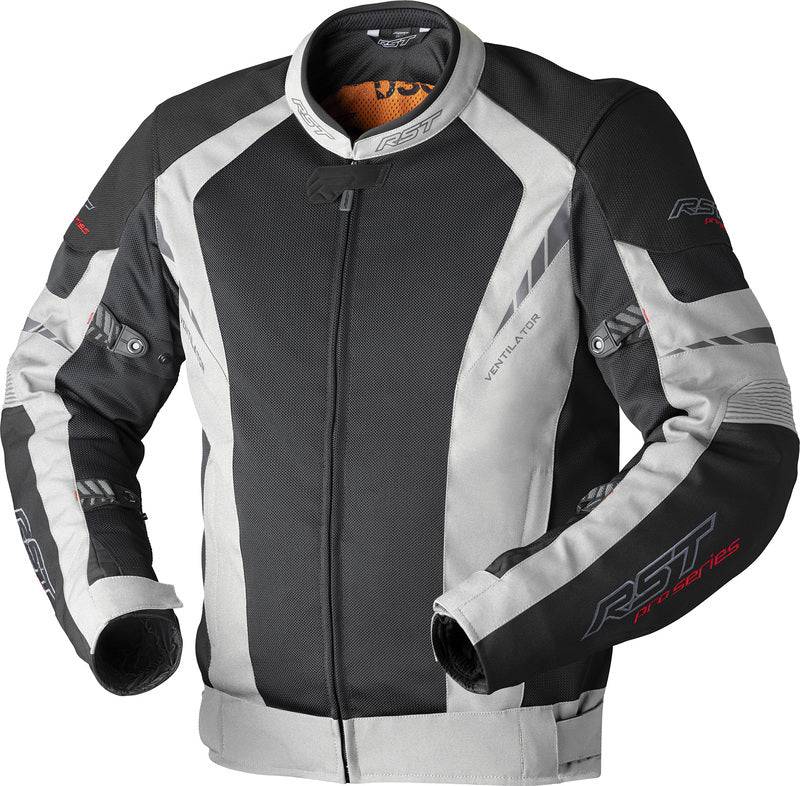 Schwarze und silberne RST Pro Series Ventilator Motorradjacke aus D3O-Textil für Adventure Motorradsport, sichtbarer Reißverschluss und Belüftung.