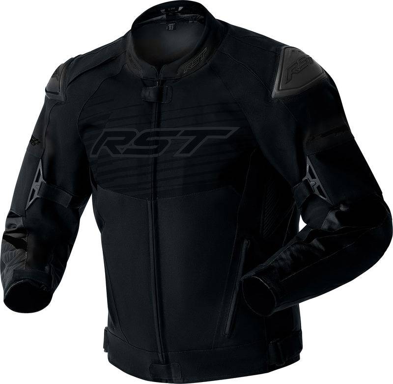 Schwarze RST Tractech D3O Textile Motorradjacke, Tourenjacke mit Schutzmaterialien, auf einem weißen Hintergrund abgebildet.