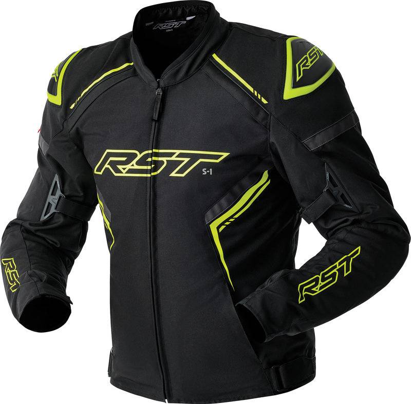 Schwarz-gelbe RST S1 D3O Textil Motorradjacke für Touren, mit Schutzprotektoren und reflektierenden Elementen.