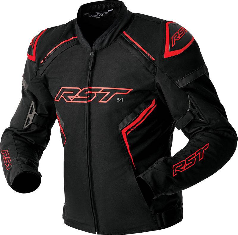 Schwarze und rote RST S1 D3O Textile Motorradjacke, Tourenjacke mit Schutzprotektoren, sichtbarer Reißverschluss und reflektierende Details